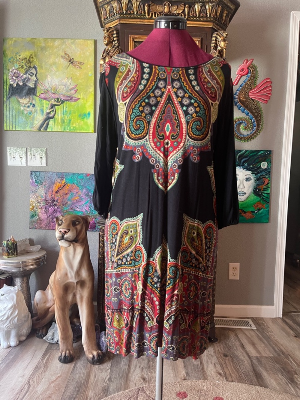 cha cha vente Black Long-Sleeve Dress with Multicolor Paisley Print
